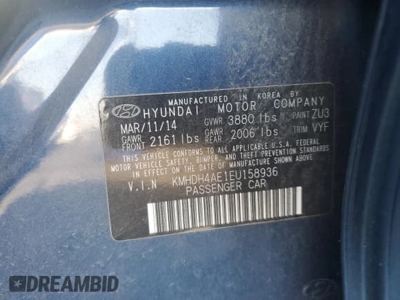 ✅ 2014 Hyundai Elantra SE • VIN: KMHDH4AE1EU158936 • Lot: 64861045. Listed on Copart with 110,988 mi. Free auction sales archive from the USA and detailed vehicle history report at DreamBid. Image 13.