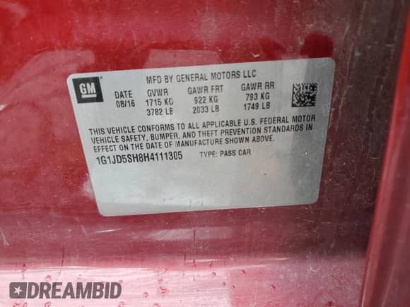 ✅ 2017 Chevrolet Sonic LT • VIN: 1G1JD5SH8H4111305 • Лот: 64594874. Размещён на Copart с пробегом 91 510 миль миль. Получите бесплатный доступ к архиву аукционных продаж из США и посмотрите подробный отчёт об истории автомобиля на DreamBid. Изображение 12.