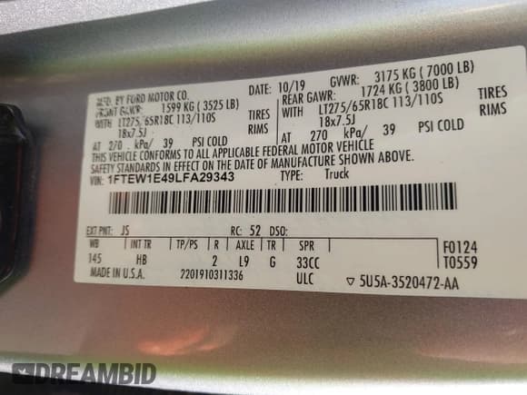 ✅ 2020 Ford F-150 Platinum • VIN: 1FTEW1E49LFA29343 • Lot: 43775133. Listed on IAAI with 191,151 mi. Free auction sales archive from the USA and detailed vehicle history report at DreamBid. Image 9.