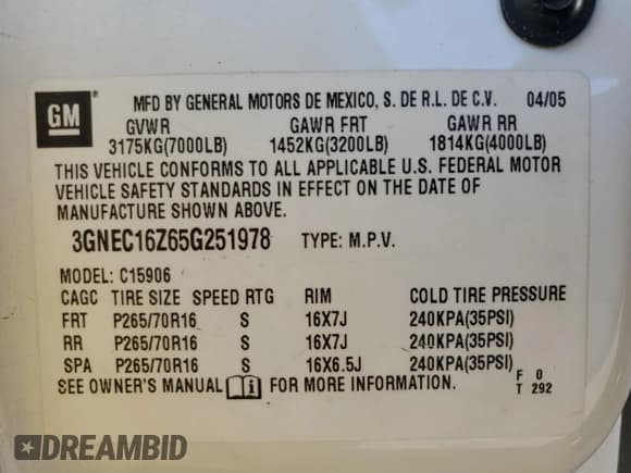 ✅ 2005 Chevrolet Suburban LT • VIN: 3GNEC16Z65G251978 • Лот: 89928355. Опубликован ранее на Copart с пробегом 210 594 миль. Бесплатный доступ к архиву аукционных продаж из США и подробный отчёт об истории автомобиля на DreamBid. Изображение 13.