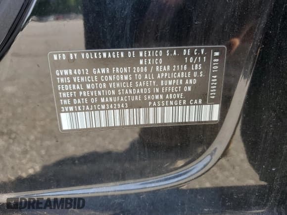 ✅ 2012 Volkswagen Jetta S • VIN: 3VW1K7AJ1CM342943 • Lot: 60465855. Listed on Copart with 192,923 mi. Free auction sales archive from the USA and detailed vehicle history report at DreamBid. Image 12.