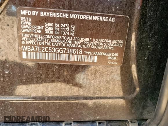 ✅ 2016 BMW 7 Series 740i • VIN: WBA7E2C53GG738618 • Лот: 82054445. Опубликован ранее на Copart с пробегом 95 444 миль. Бесплатный доступ к архиву аукционных продаж из США и подробный отчёт об истории автомобиля на DreamBid. Изображение 13.