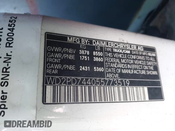 ✅ 2005 Dodge Sprinter • VIN: WD2PD744055773519 • Lot: 43644024. Listed on IAAI with 240,533 mi. Free auction sales archive from the USA and detailed vehicle history report at DreamBid. Image 9.