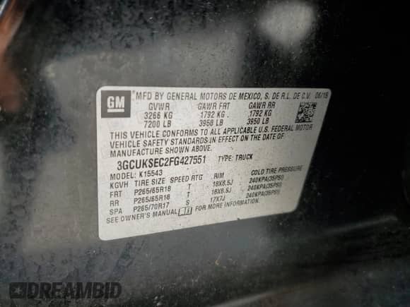 2015 Chevrolet Silverado 1500 LTZ z VIN 3GCUKSEC2FG427551, wystawiony jako Copart lot #65618525 z przebiegiem Nie podano mil oraz Czysty tytuł • Clean title. Historia ofert i sprzedaży dostępna na DreamBid. Obrazek 12.