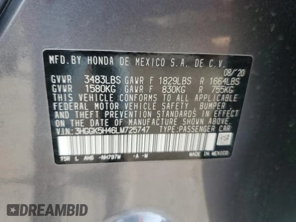 ✅ 2020 Honda Fit LX • VIN: 3HGGK5H46LM725747 • Lot: 91854685. Listed on Copart with 79,268 mi. Free auction sales archive from the USA and detailed vehicle history report at DreamBid. Image 13.