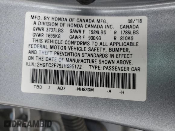 ✅ 2018 Honda Civic EX • VIN: 2HGFC2F79JH595172 • Lot: 91096575. Listed on Copart with 82,981 mi. Free auction sales archive from the USA and detailed vehicle history report at DreamBid. Image 13.