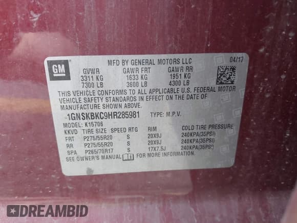 ✅ 2017 Chevrolet Tahoe LT • VIN: 1GNSKBKC9HR285981 • Lot: 42880646. Listed on IAAI with 216,293 mi. Free auction sales archive from the USA and detailed vehicle history report at DreamBid. Image 9.