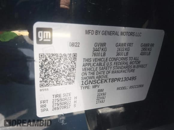 ✅ 2023 Chevrolet Suburban • VIN: 1GNSCEKT8PR130495 • Lot: 42572996. Listed on IAAI with 115,347 mi. Free auction sales archive from the USA and detailed vehicle history report at DreamBid. Image 9.