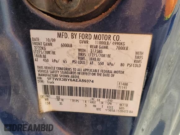 ✅ 2010 Ford F-350 XL • VIN: 1FTWX3BY6AEA59374 • Lot: 84959985. Listed on Copart with Not provided. Free auction sales archive from the USA and detailed vehicle history report at DreamBid. Image 12.