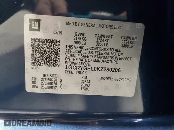 ✅ 2019 Chevrolet Silverado 1500 • VIN: 1GCRYGEL0KZ280206 • Lot: 82834464. Listed on Copart with 73,354 mi. Free auction sales archive from the USA and detailed vehicle history report at DreamBid. Image 12.