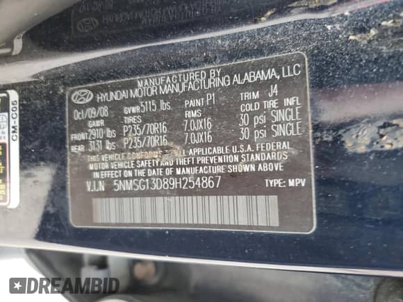 2009 Hyundai Santa Fe GLS с VIN 5NMSG13D89H254867, выставлен на аукционе Copart как лот 67536614 с пробегом 197 583 миль миль и Списание • Salvage title. История ставок и продаж доступна на DreamBid. Изображение 13.