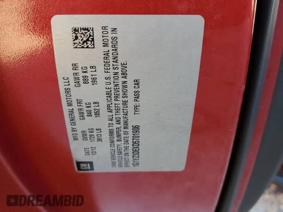 2013 Chevrolet Corvette with VIN 1G1YZ3DEXD5701906, listed as a Copart auction lot 84266184 with 53,483 mi miles and Salvage title. Bid and sale history available at DreamBid. Image 12.