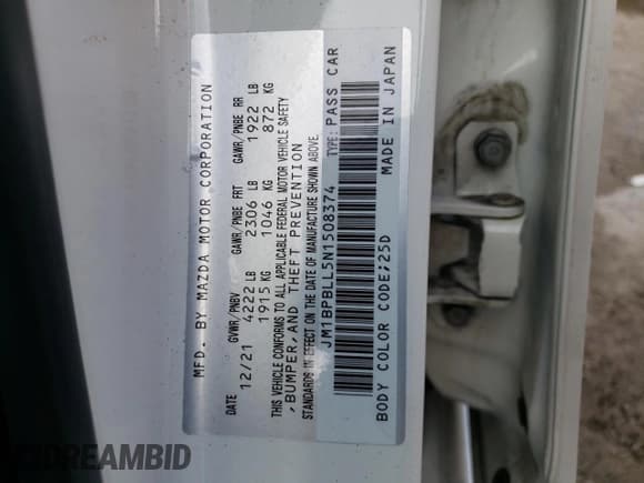 ✅ 2022 Mazda 3 Preferred • VIN: JM1BPBLL5N1508374 • Лот: 63227052. Опубликован ранее на Copart с пробегом 20 210 миль. Бесплатный доступ к архиву аукционных продаж из США и подробный отчёт об истории автомобиля на DreamBid. Изображение 10.