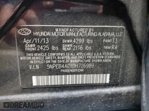 ✅ 2013 Hyundai Sonata GLS • VIN: 5NPEB4AC1DH726989 • Lot: 76125634. Listed on Copart with 102,362 mi. Free auction sales archive from the USA and detailed vehicle history report at DreamBid. Image 12.