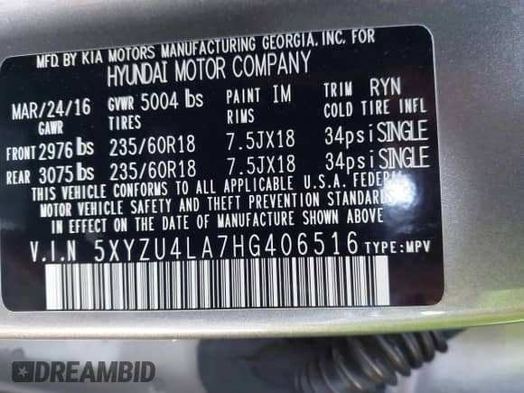 2017 Hyundai Santa Fe 2.0T z VIN 5XYZU4LA7HG406516, wystawiony jako IAAI lot #41847977 z przebiegiem 105 299 mil mil oraz . Historia ofert i sprzedaży dostępna na DreamBid. Obrazek 9.