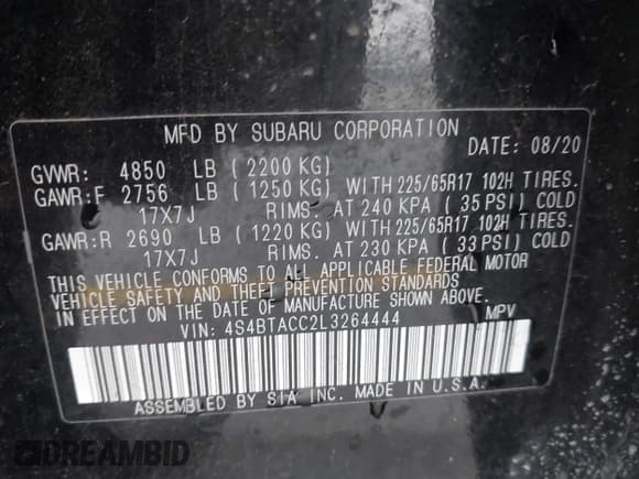 ✅ 2020 Subaru Outback Premium • VIN: 4S4BTACC2L3264444 • Lot: 42300731. Listed on IAAI with 57,881 mi. Free auction sales archive from the USA and detailed vehicle history report at DreamBid. Image 9.