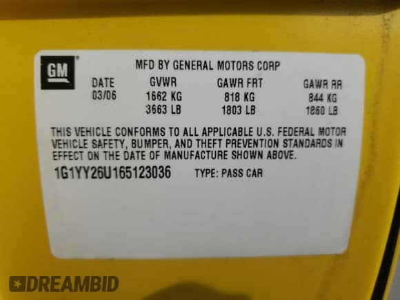 2006 Chevrolet Corvette with VIN 1G1YY26U165123036, listed as a Copart auction lot 82493634 with 112,367 mi miles and Salvage title. Bid and sale history available at DreamBid. Image 14.
