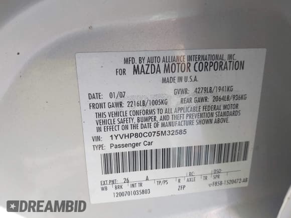 ✅ 2007 Mazda 6 i Touring • VIN: 1YVHP80C075M32585 • Лот: 43396971. Опубликован ранее на IAAI с пробегом 167 247 миль. Бесплатный доступ к архиву аукционных продаж из США и подробный отчёт об истории автомобиля на DreamBid. Изображение 9.