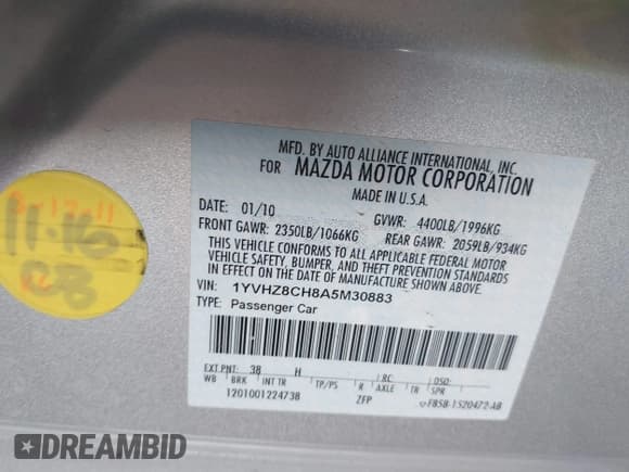 ✅ 2010 Mazda 6 i Touring • VIN: 1YVHZ8CH8A5M30883 • Lot: 42933974. Listed on IAAI with 73,770 mi. Free auction sales archive from the USA and detailed vehicle history report at DreamBid. Image 9.