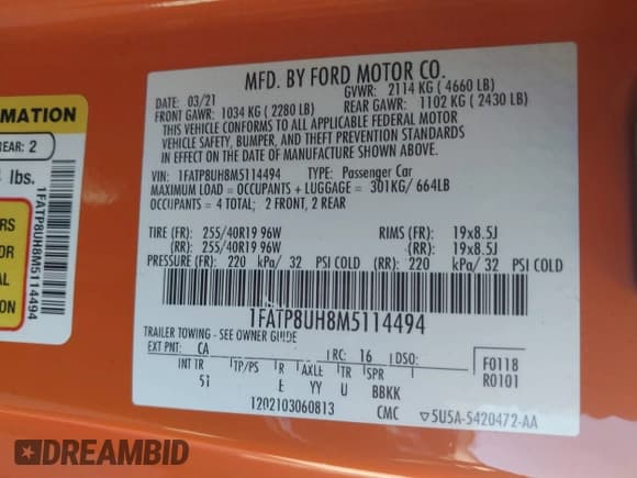 ✅ 2021 Ford Mustang EcoBoost Premium • VIN: 1FATP8UH8M5114494 • Lot: 43548635. Listed on IAAI with 136,426 mi. Free auction sales archive from the USA and detailed vehicle history report at DreamBid. Image 9.