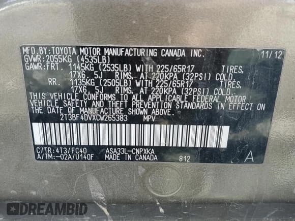 ✅ 2012 Toyota RAV4 • VIN: 2T3BF4DVXCW265383 • Lot: 85126495. Listed on Copart with 96,023 mi. Free auction sales archive from the USA and detailed vehicle history report at DreamBid. Image 13.