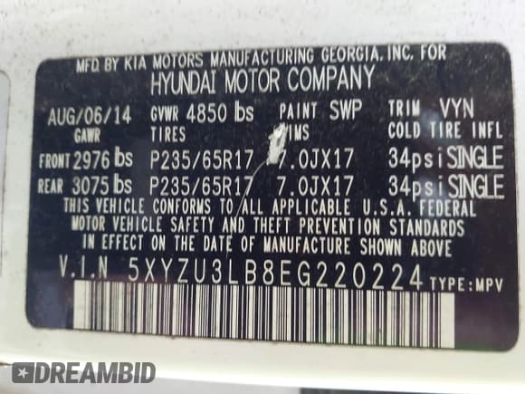 ✅ 2014 Hyundai Santa Fe • VIN: 5XYZU3LB8EG220224 • Лот: 43570966. Опубликован ранее на IAAI с пробегом 159 086 миль. Бесплатный доступ к архиву аукционных продаж из США и подробный отчёт об истории автомобиля на DreamBid. Изображение 9.