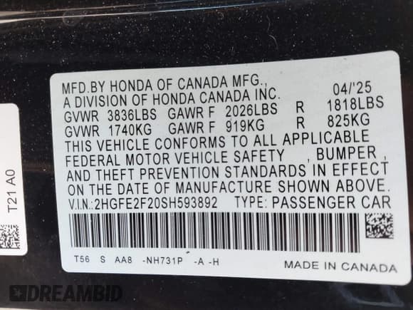 ✅ 2025 Honda Civic LX • VIN: 2HGFE2F20SH593892 • Lot: 43512469. Listed on IAAI with 7,719 mi. Free auction sales archive from the USA and detailed vehicle history report at DreamBid. Image 9.