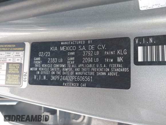 ✅ 2023 Kia Forte LXS • VIN: 3KPF24AD2PE606561 • Lot: 43400482. Listed on IAAI with 61,935 mi. Free auction sales archive from the USA and detailed vehicle history report at DreamBid. Image 9.