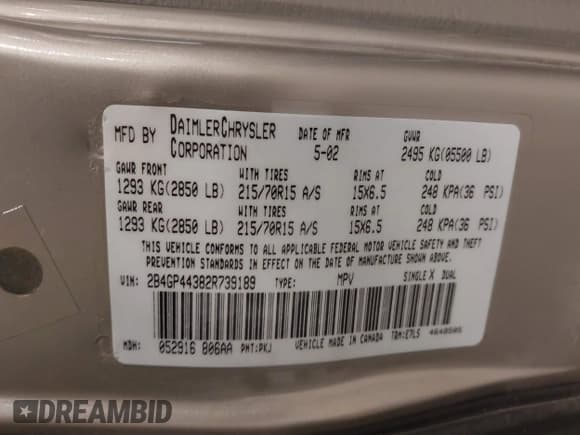 ✅ 2002 Dodge Caravan Sport • VIN: 2B4GP44382R739189 • Lot: 43850506. Listed on IAAI with 169,318 mi. Free auction sales archive from the USA and detailed vehicle history report at DreamBid. Image 9.