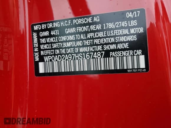 ✅ 2017 Porsche 911 Turbo S • VIN: WP0AD2A97HS167487 • Lot: 75102044. Listed on Copart with Not provided. Free auction sales archive from the USA and detailed vehicle history report at DreamBid. Image 13.