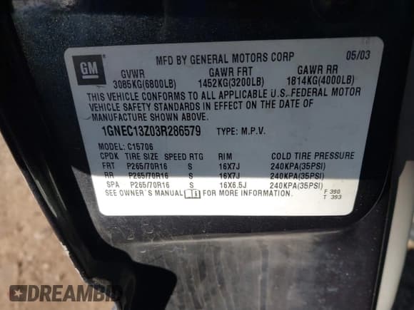 ✅ 2003 Chevrolet Tahoe LT • VIN: 1GNEC13Z03R286579 • Lot: 41872493. Listed on IAAI with 236,001 mi. Free auction sales archive from the USA and detailed vehicle history report at DreamBid. Image 9.