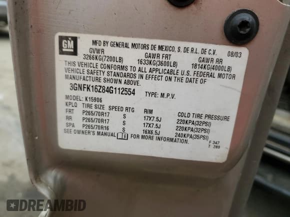 ✅ 2004 Chevrolet Suburban Z71 • VIN: 3GNFK16Z84G112554 • Лот: 79292024. Опубликован ранее на Copart с пробегом Не указан. Бесплатный доступ к архиву аукционных продаж из США и подробный отчёт об истории автомобиля на DreamBid. Изображение 13.