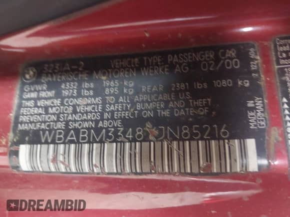 2000 BMW 3 Series 323Ci с VIN WBABM3348YJN85216, выставлен на аукционе IAAI как лот 43434980 с пробегом 200 727 миль миль и . История ставок и продаж доступна на DreamBid. Изображение 9.