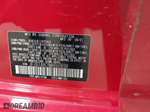 ✅ 2021 Subaru Crosstrek • VIN: JF2GTABC8M8660699 • Lot: 42642037. Wystawiony na IAAI z przebiegiem 43 808 mil. Bezpłatny archiwum sprzedaży aukcyjnych z USA i szczegółowy raport historii pojazdu na DreamBid. Zdjęcie 9.