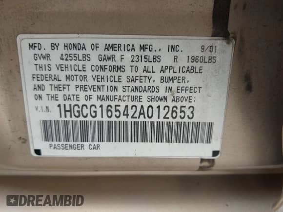 2002 Honda Accord EX с VIN 1HGCG16542A012653, выставлен на аукционе IAAI как лот 43387508 с пробегом 202 668 миль миль и . История ставок и продаж доступна на DreamBid. Изображение 9.