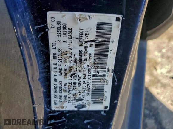 ✅ 2003 Honda CR-V EX • VIN: SHSRD78813U153564 • Lot: 95181825. Listed on Copart with 233,934 mi. Free auction sales archive from the USA and detailed vehicle history report at DreamBid. Image 13.