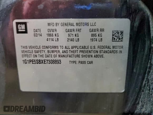 ✅ 2014 Chevrolet Cruze 2LT • VIN: 1G1PE5SBXE7308893 • Лот: 94127635. Опубликован ранее на Copart с пробегом 145 659 миль. Бесплатный доступ к архиву аукционных продаж из США и подробный отчёт об истории автомобиля на DreamBid. Изображение 13.