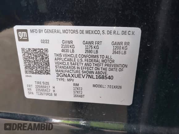 2022 Chevrolet Equinox LT with VIN 3GNAXUEV7NL168540, listed as a IAAI auction lot 43264840 with 30,613 mi miles and . Bid and sale history available at DreamBid. Image 9.