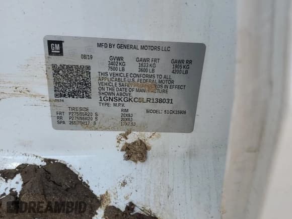 ✅ 2020 Chevrolet Suburban LS • VIN: 1GNSKGKC5LR138031 • Lot: 83558094. Listed on Copart with Not provided. Free auction sales archive from the USA and detailed vehicle history report at DreamBid. Image 14.