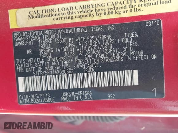 ✅ 2010 Toyota Tundra • VIN: 5TFRY5F14AX090663 • Lot: 43017265. Listed on IAAI with 349,644 mi. Free auction sales archive from the USA and detailed vehicle history report at DreamBid. Image 9.