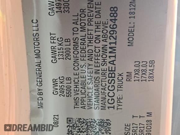 ✅ 2021 Chevrolet Colorado 2WD Work Truck • VIN: 1GCGSBEA1M1296488 • Lot: 84920455. Listed on Copart with 102,179 mi. Free auction sales archive from the USA and detailed vehicle history report at DreamBid. Image 12.