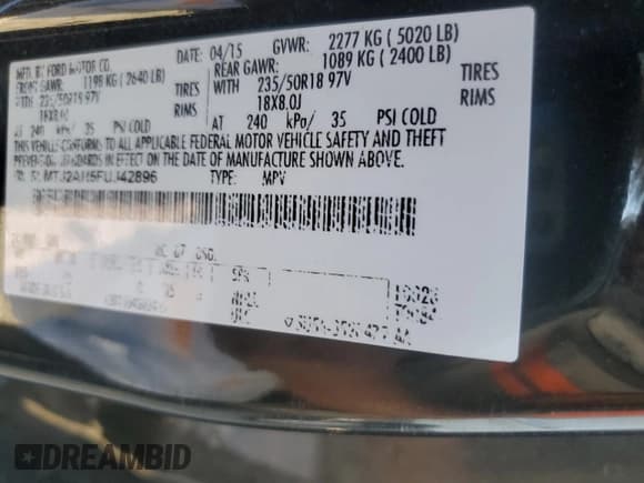 ✅ 2015 Lincoln MKC • VIN: 5LMTJ2AH5FUJ42896 • Lot: 82647845. Listed on Copart with 102,713 mi. Free auction sales archive from the USA and detailed vehicle history report at DreamBid. Image 13.