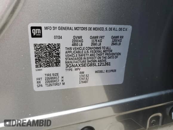 2025 Chevrolet Equinox AWD ACTIV с VIN 3GNAXSEG8SL121261, выставлен на аукционе Copart как лот 60112195 с пробегом 2 284 миль миль и Списание • Salvage title. История ставок и продаж доступна на DreamBid. Изображение 13.