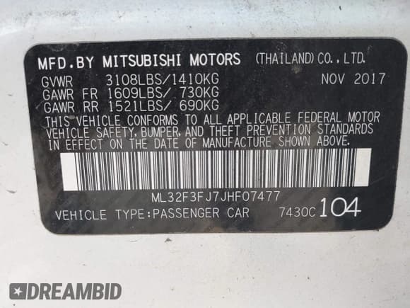 ✅ 2018 Mitsubishi Mirage ES • VIN: ML32F3FJ7JHF07477 • Lot: 42958028. Listed on IAAI with 134,661 mi. Free auction sales archive from the USA and detailed vehicle history report at DreamBid. Image 9.