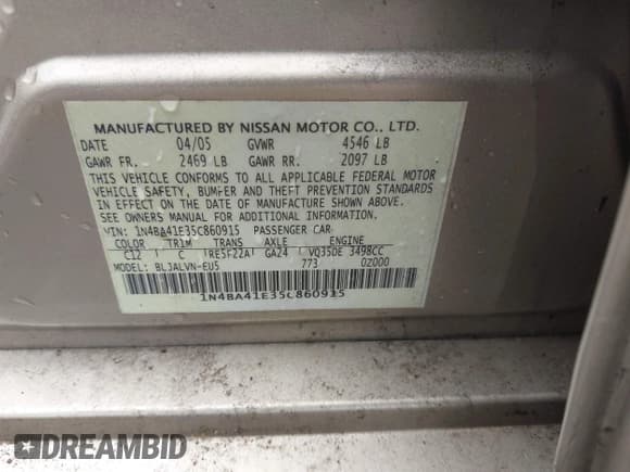 ✅ 2005 Nissan Maxima SE • VIN: 1N4BA41E35C860915 • Lot: 42489421. Listed on IAAI with 169,703 mi. Free auction sales archive from the USA and detailed vehicle history report at DreamBid. Image 9.