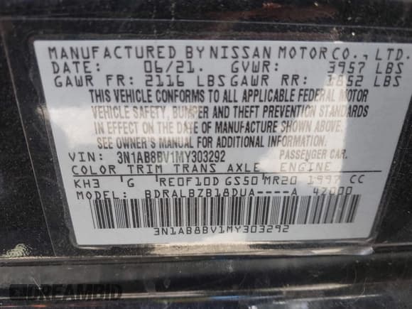 ✅ 2021 Nissan Sentra S • VIN: 3N1AB8BV1MY303292 • Лот: 43130942. Опубликован ранее на IAAI с пробегом 96 842 миль. Бесплатный доступ к архиву аукционных продаж из США и подробный отчёт об истории автомобиля на DreamBid. Изображение 9.