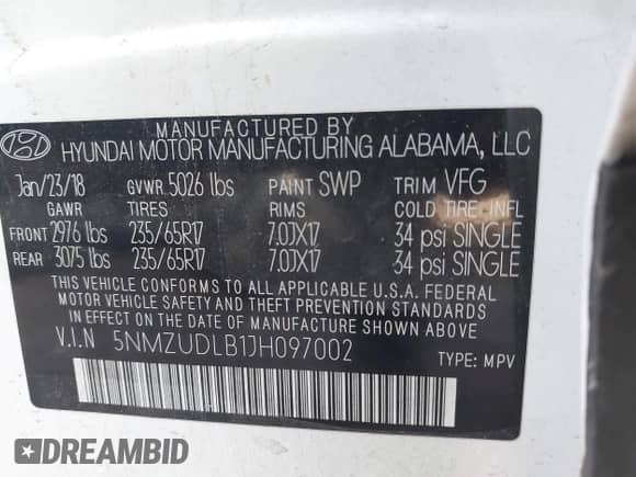 2018 Hyundai Santa Fe 2.4L z VIN 5NMZUDLB1JH097002, wystawiony jako IAAI lot #43473652 z przebiegiem 182 069 mil mil oraz . Historia ofert i sprzedaży dostępna na DreamBid. Obrazek 9.