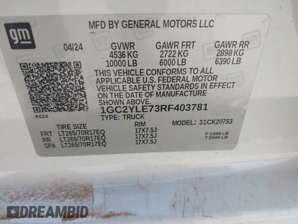 ✅ 2024 Chevrolet Silverado 2500HD Work Truck • VIN: 1GC2YLE73RF403781 • Lot: 40239055. Wystawiony na IAAI z przebiegiem 308 mil. Bezpłatny archiwum sprzedaży aukcyjnych z USA i szczegółowy raport historii pojazdu na DreamBid. Zdjęcie 9.