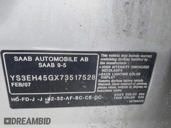 ✅ 2007 Saab 9-5 Aero • VIN: YS3EH45GX73517528 • Лот: 41581993. Опубликован ранее на IAAI с пробегом 167 774 миль. Бесплатный доступ к архиву аукционных продаж из США и подробный отчёт об истории автомобиля на DreamBid. Изображение 9.