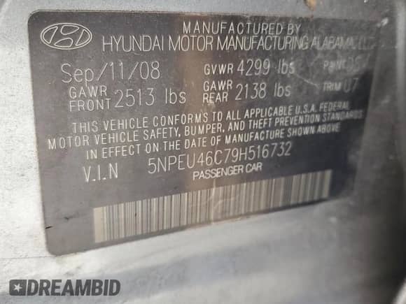 2009 Hyundai Sonata Limited with VIN 5NPEU46C79H516732, listed as a Copart auction lot 74054364 with Not provided miles and Salvage title. Bid and sale history available at DreamBid. Image 12.